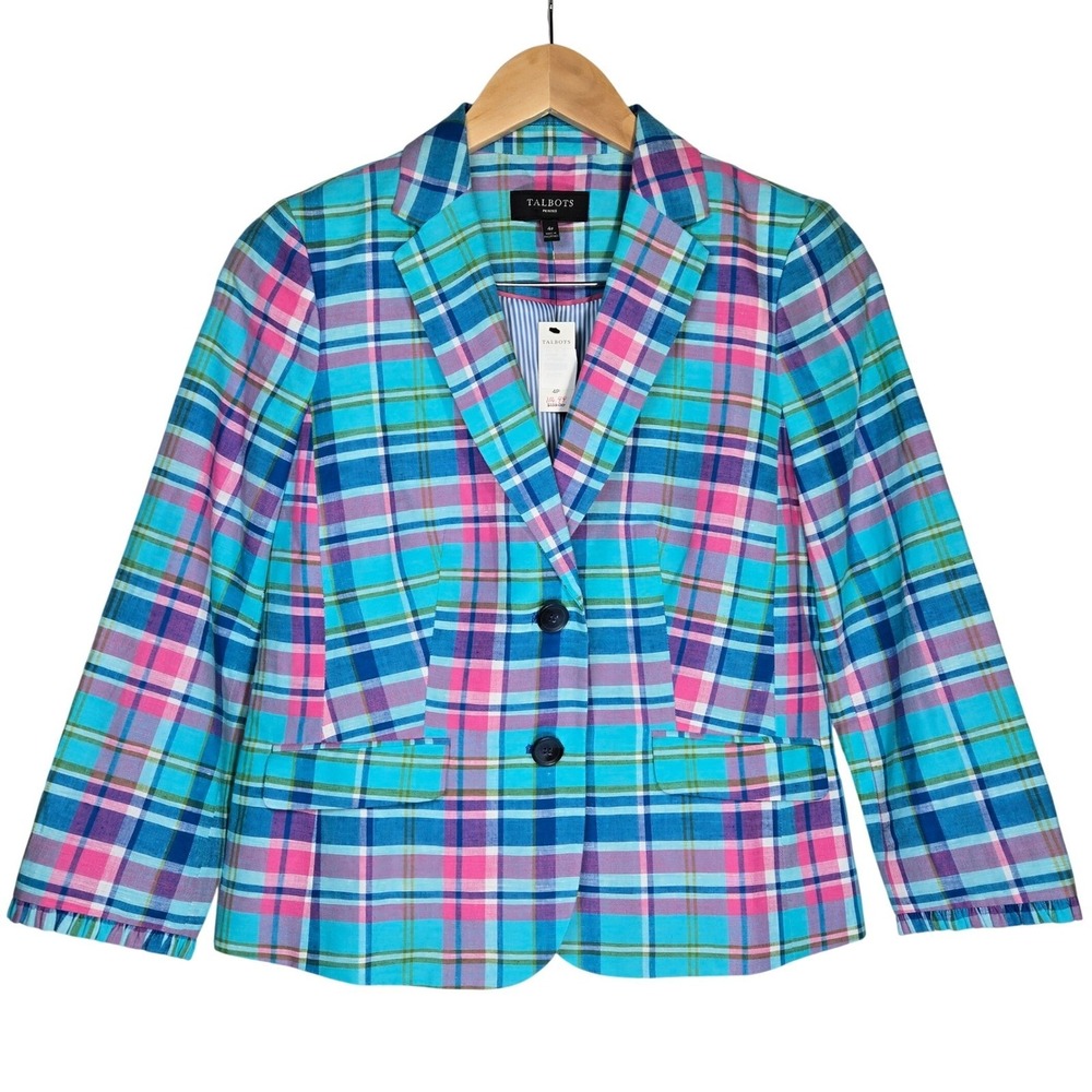 Talbots Petite 4P Madras Plaid Linen Blend Blazer Blue Pink Green Ruffle Cuff - Picture 2 of 10
